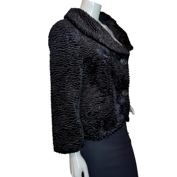 Retro Black Wool Blend Faux Persian Lambswool Short Coat Formal Dressy - Picture 3 of 15